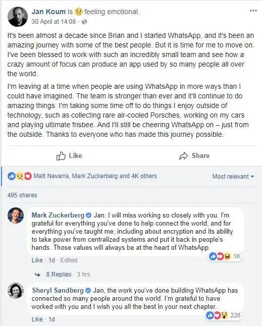 Facebook用户数据泄露_Jan Koum离职原因_WhatsApp